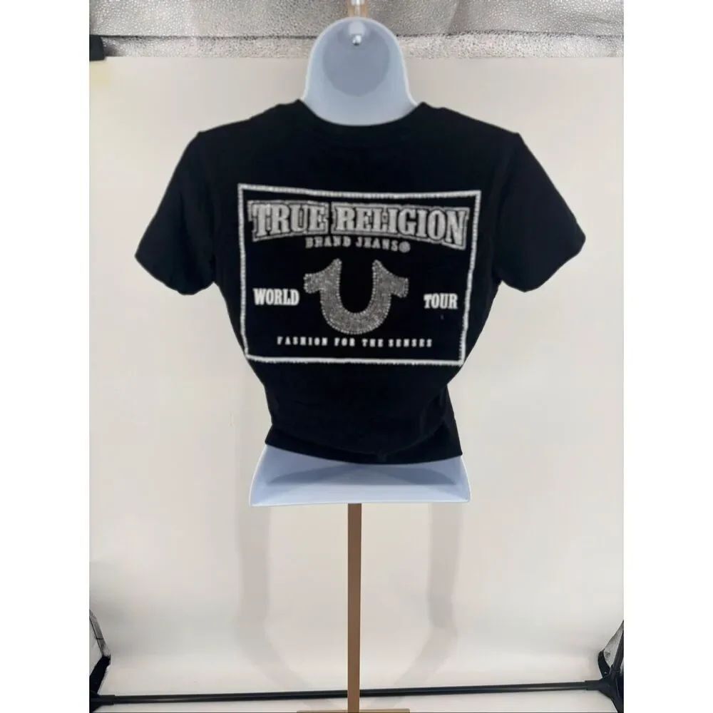 True Religion World Tour Graphic Black T-Shirt Womens Small Rhinestone